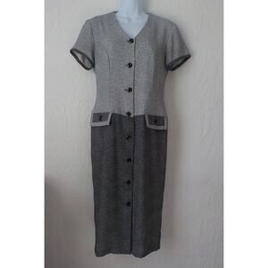 VTG 80s 90s Foleys Blac White Midi Dress Women size 7 ButtonUp Short Sleeve Dots
